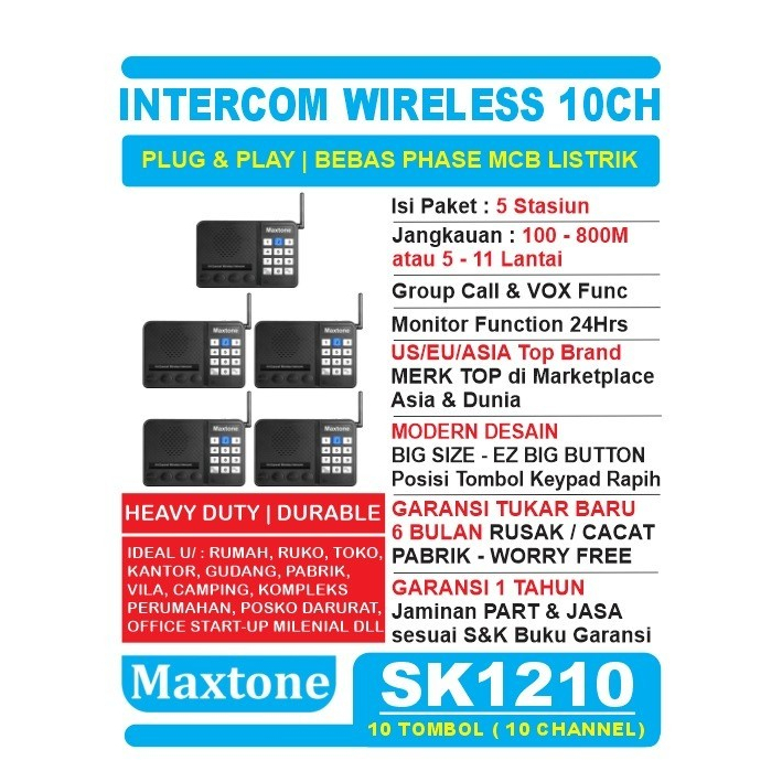 Jual Wireless Intercom 10 CH Home Office Interkom - MAXTONE SK1210 - 5 ...