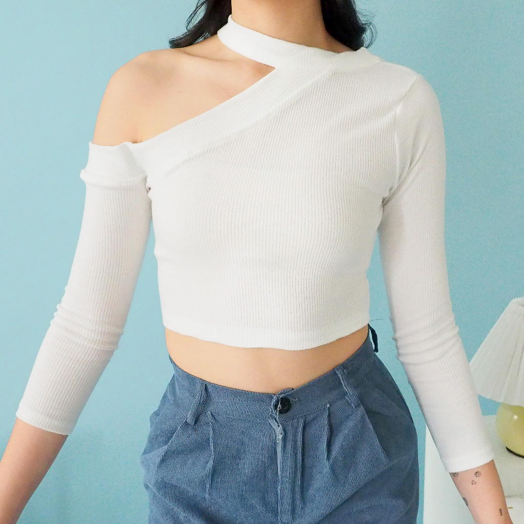 Jual OROY Halter Crop Top Longsleeve One Shoulder Atasan Crop