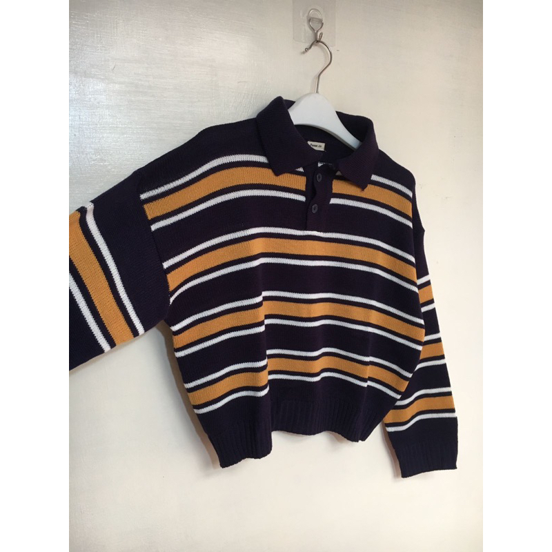 Jual Rajut Polo Kancing Striped Navy Crop | Shopee Indonesia