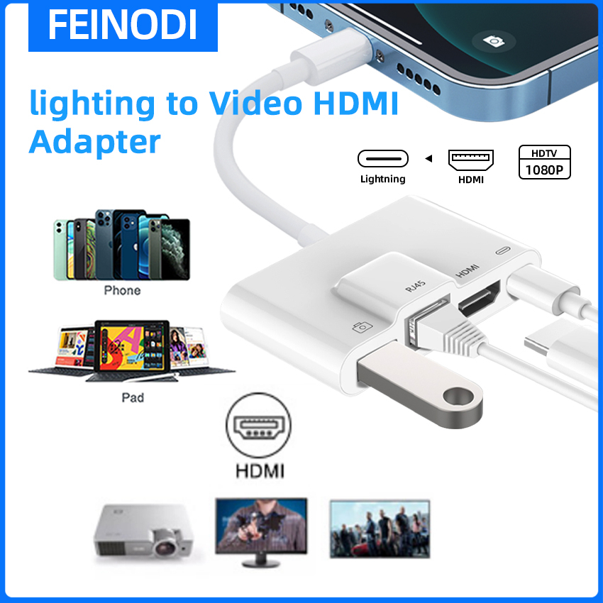 FEINODI Lightning to HDMI Adapter for iPhone/iPad to TV, Dual USB OTG  Adapter with Microphone Input for Live-Streaming, MIDI Keyboard, Mouse, HD