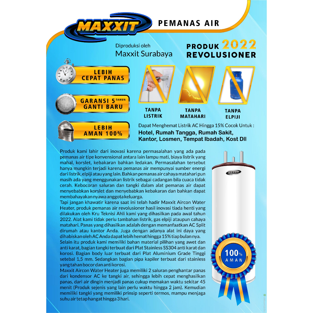 Jual MAXXIT AIRCON WATER HEATER 75 LITER - Pemanas Air Tanpa Listrik ...