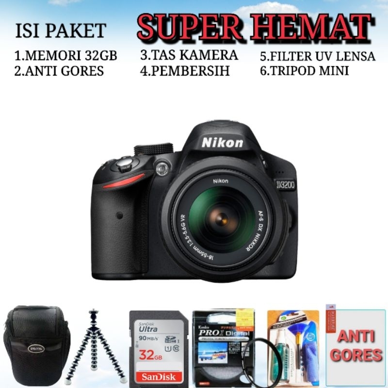 Jual DSLR NIKON D3200 LENSA 18-55MM PRODUK ORIGINAL 100