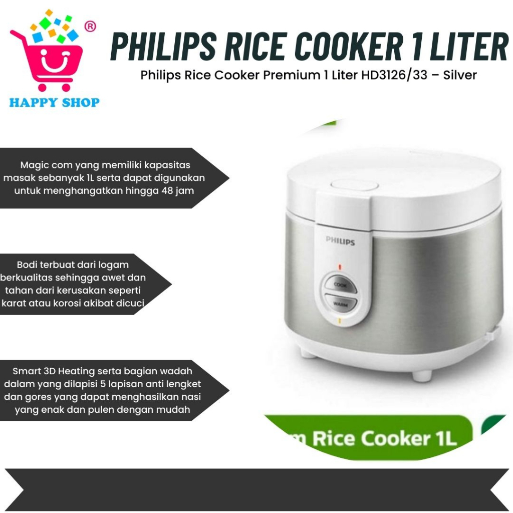 Jual Philips Rice Cooker Premium 1 Liter HD3126/33 Silver Shopee