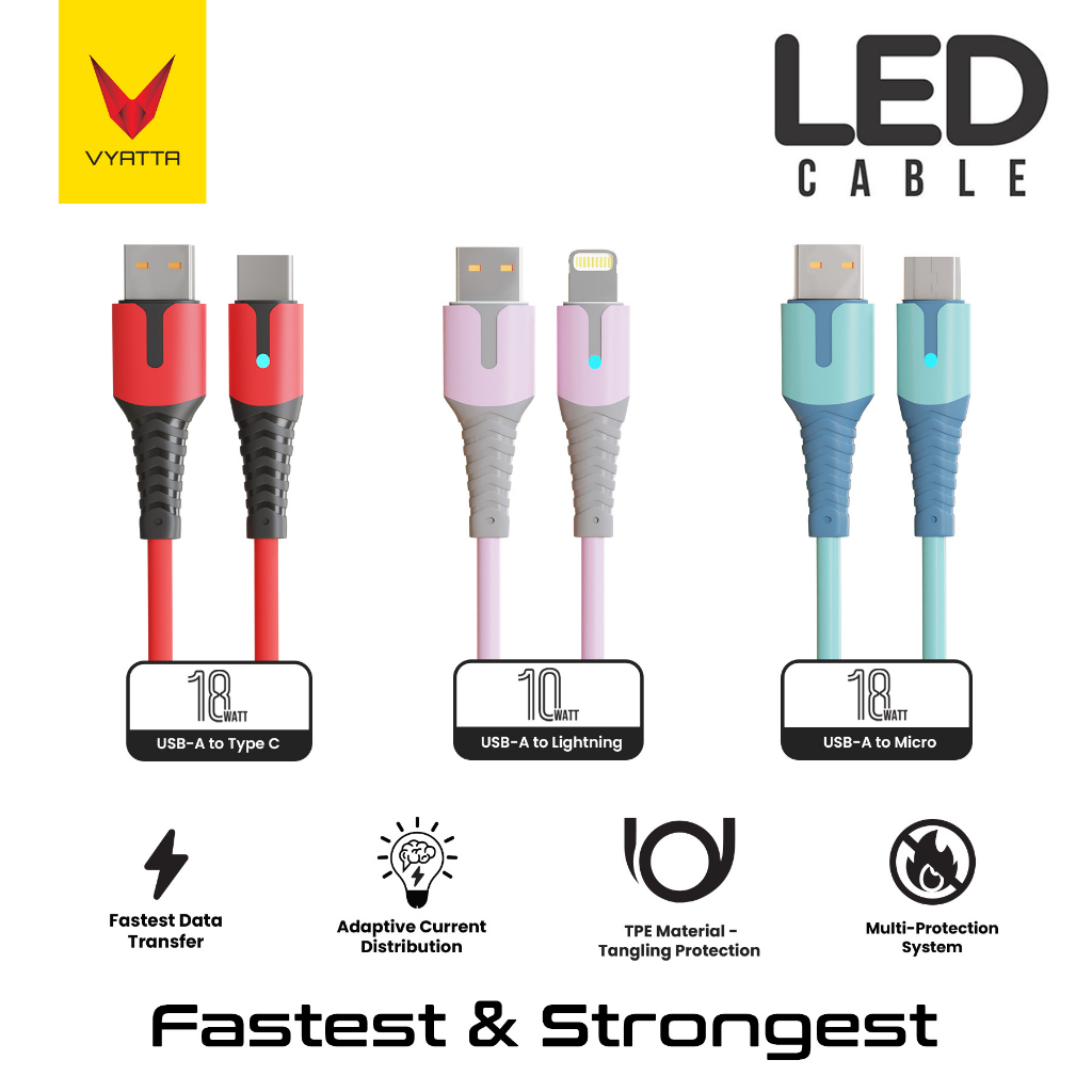 Jual VYATTA LED Kabel Data Micro USB, Type C / Lightning, LED Light ...