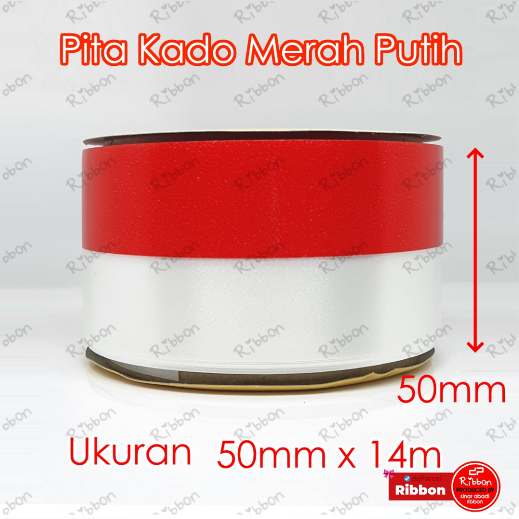 Jual Pita Kado MERAH - PUTIH 5cm Ribbon 50mm x 14m Bendera Indonesia