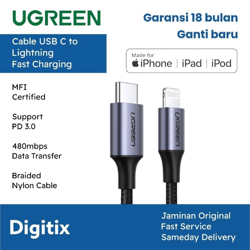 Jual Ugreen Kabel Charger Mfi Type C To Lightning Pd Fast Charging Nylon Meter Shopee Indonesia