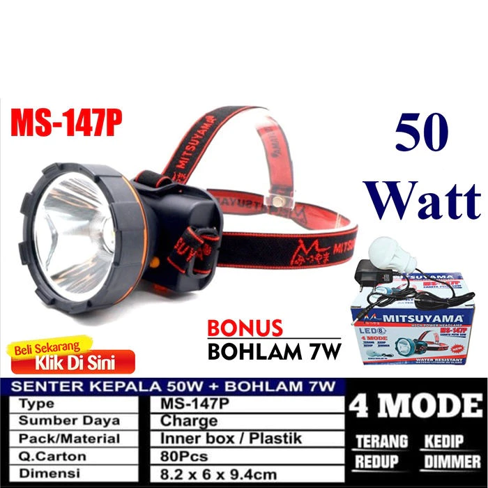 Senter Kepala LED 50 Watt MS 147P Bonus Bohlam 7 Watt - Cahaya Putih | AutoStock