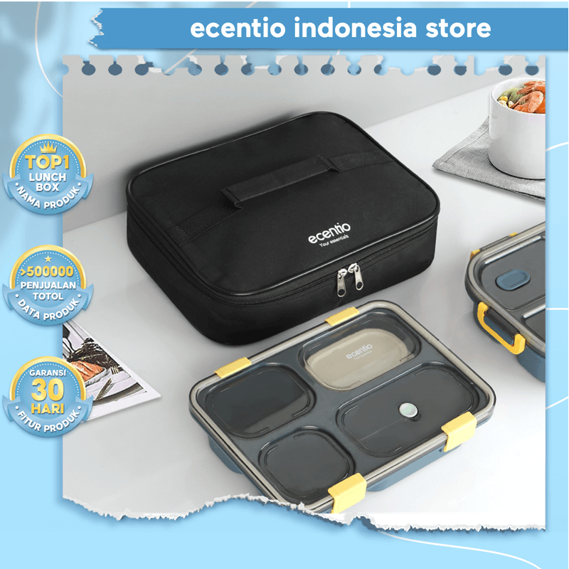 Jual ecentio tempat makan set lunch box set tas 3/4 Grid lunch box set