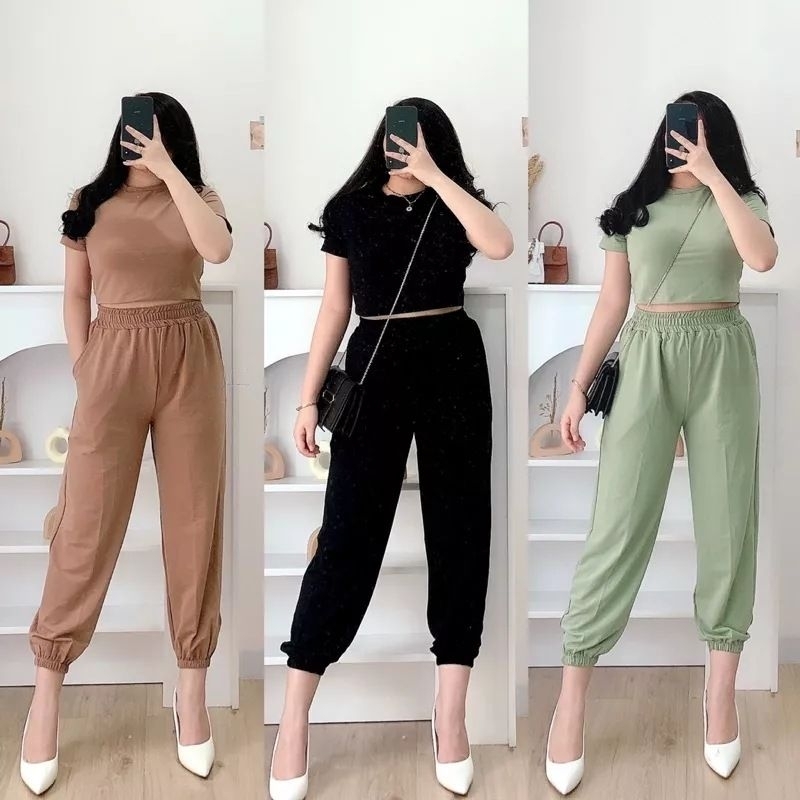 Jual Zoey Set Setelan Wanita Crop Top Premium Celana Jogger Panjang Baju Atasan Wanita