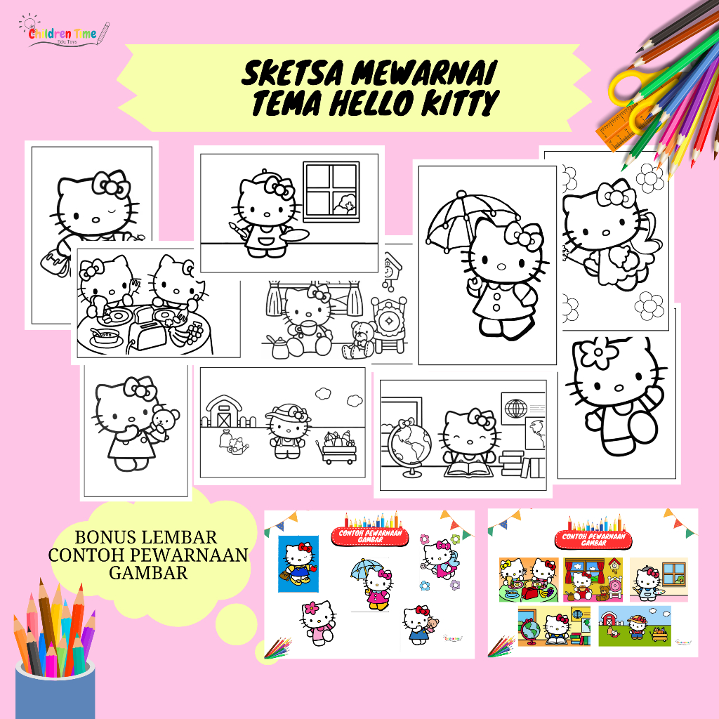 Jual GAMBAR MEWARNAI TEMA HELLO KITTY/SKETSA GAMBAR HELLO KITTY