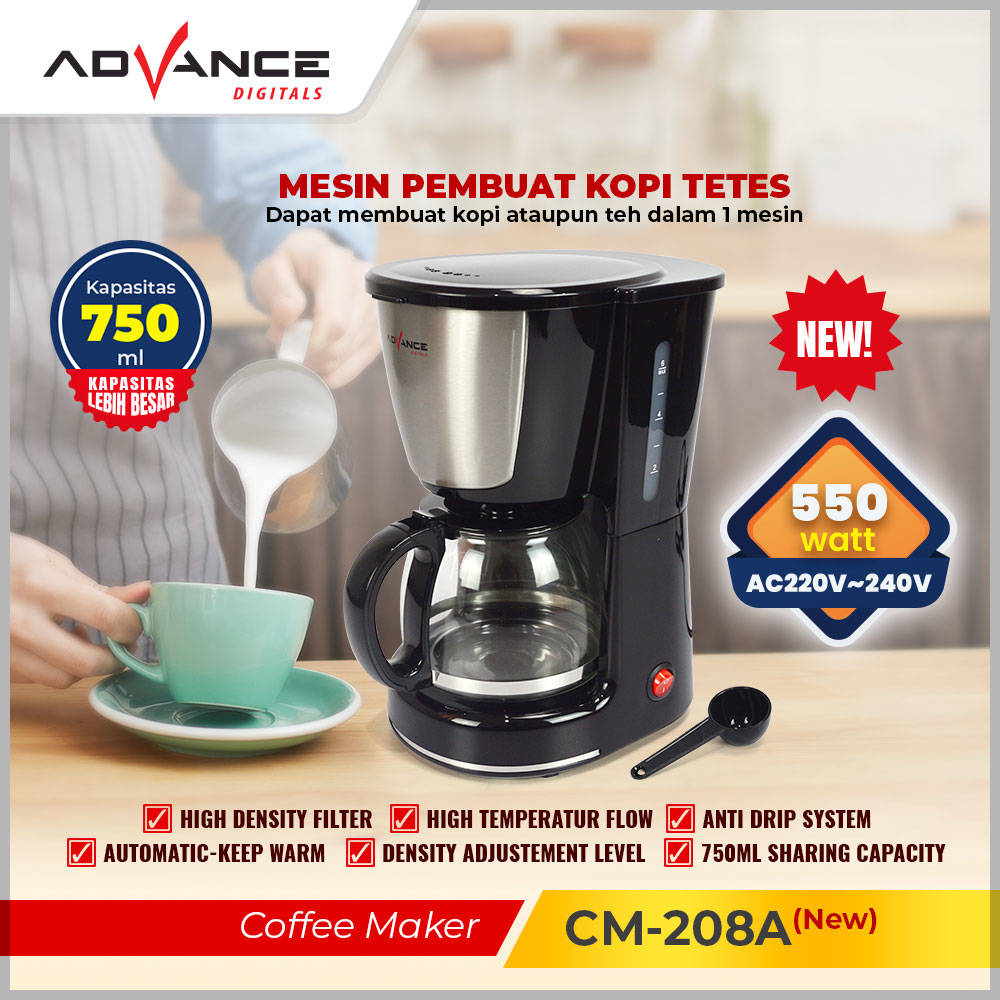 Samono 750ML Coffee Maker Mesin Kopi Multifungsi 2 in 1 Anti Bocor 600Watt Low  Watt Bahan Plastik SW-CMB06B Black