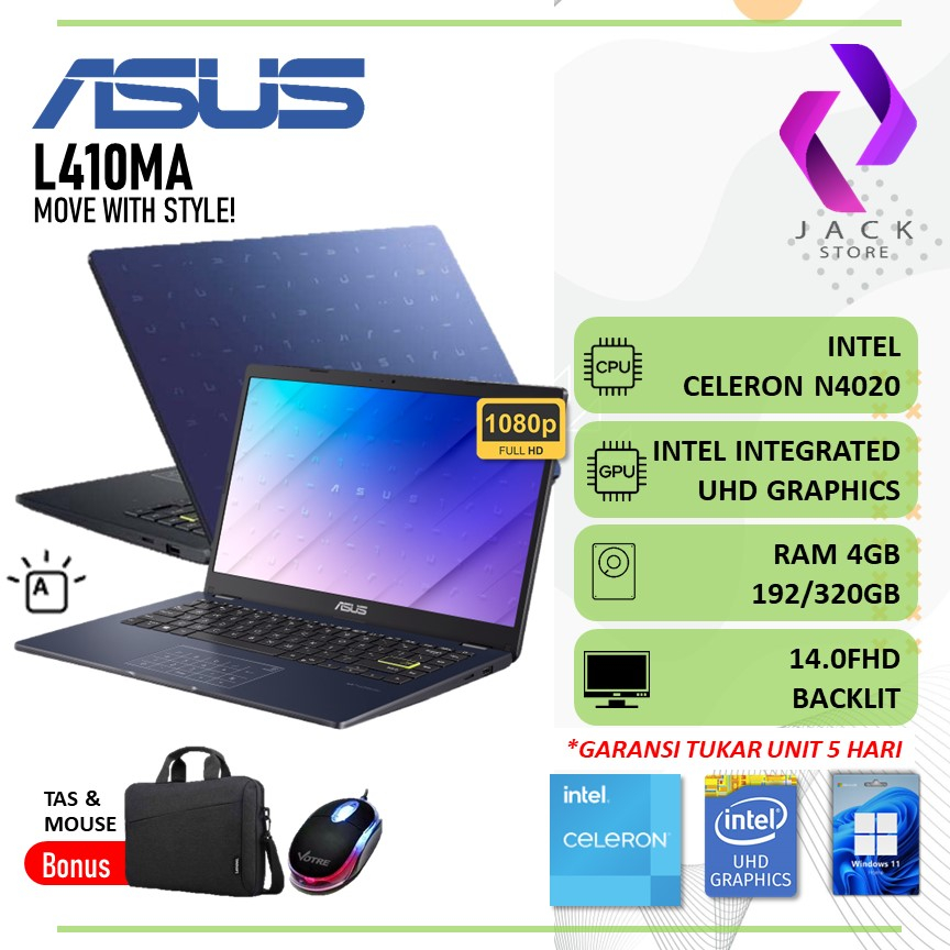Jual Laptop Asus Vivobook 14 L410ma Intel N4020 Ram 4gb 320gb Ssd 140fhd Backlit Keyboard 3212