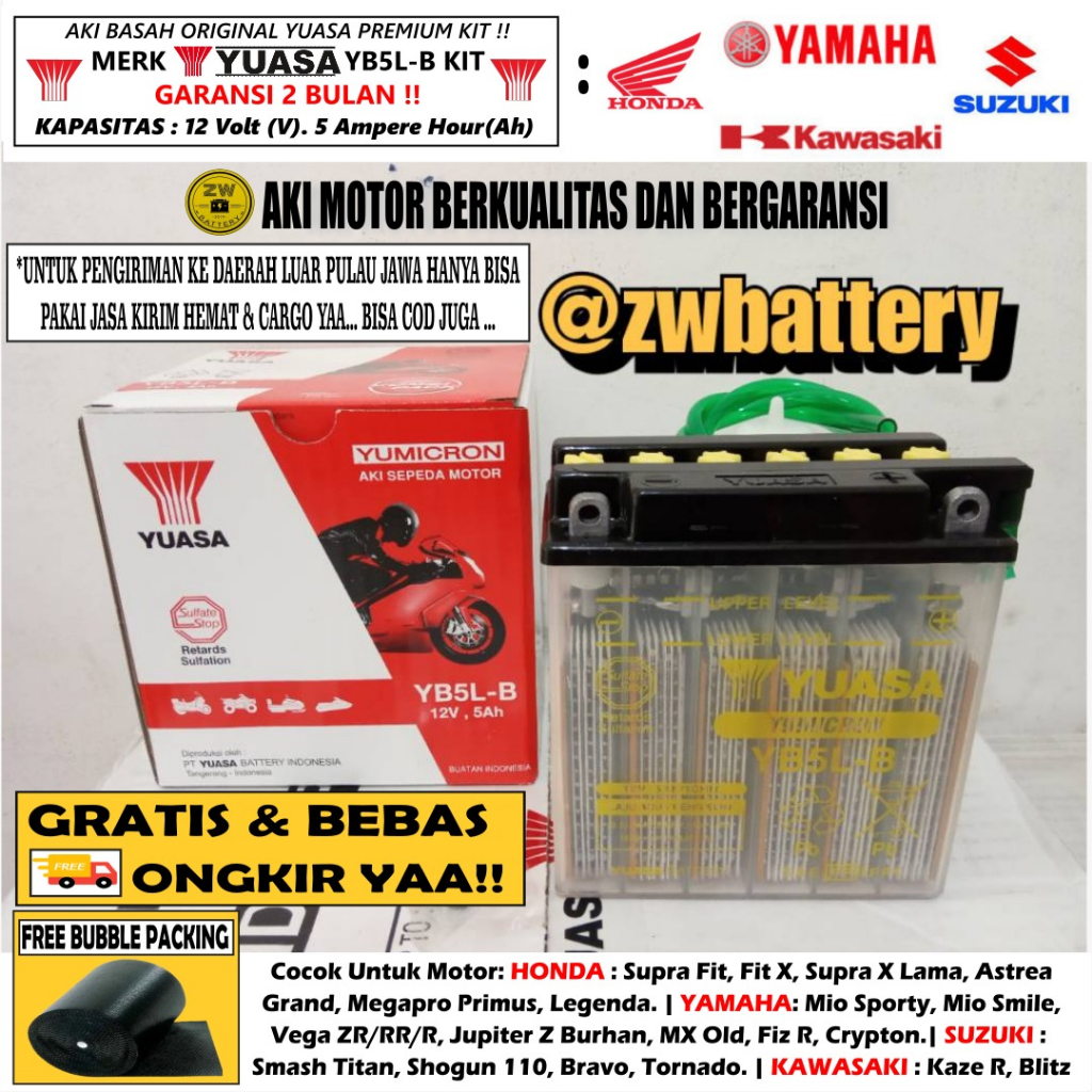 Jual AKI MOTOR SUPRA FIT, MEGAPRO PRIMUS, LEGENDA YB5L-B YUASA ORI