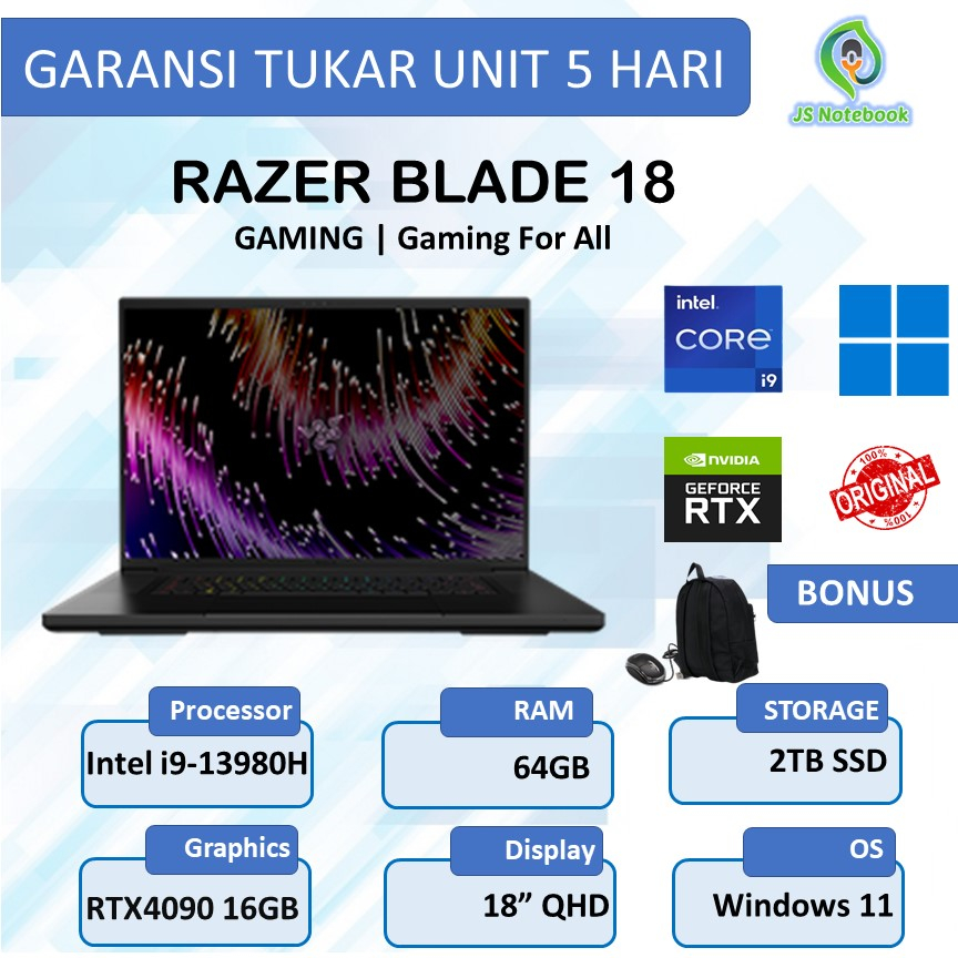 Jual LAPTOP RAZER BLADE GAMING 18 RTX4090 16GB i9-13980HX 64GB 2TB SSD ...