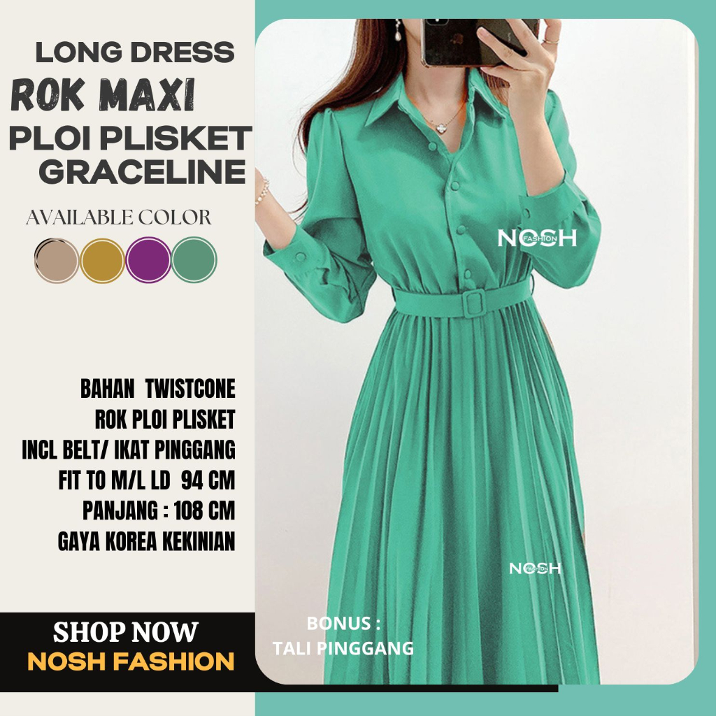 Jual Dress Korea Plisket Ploi / Maxi Dress Rok Lipit Graceline - NOSH ...