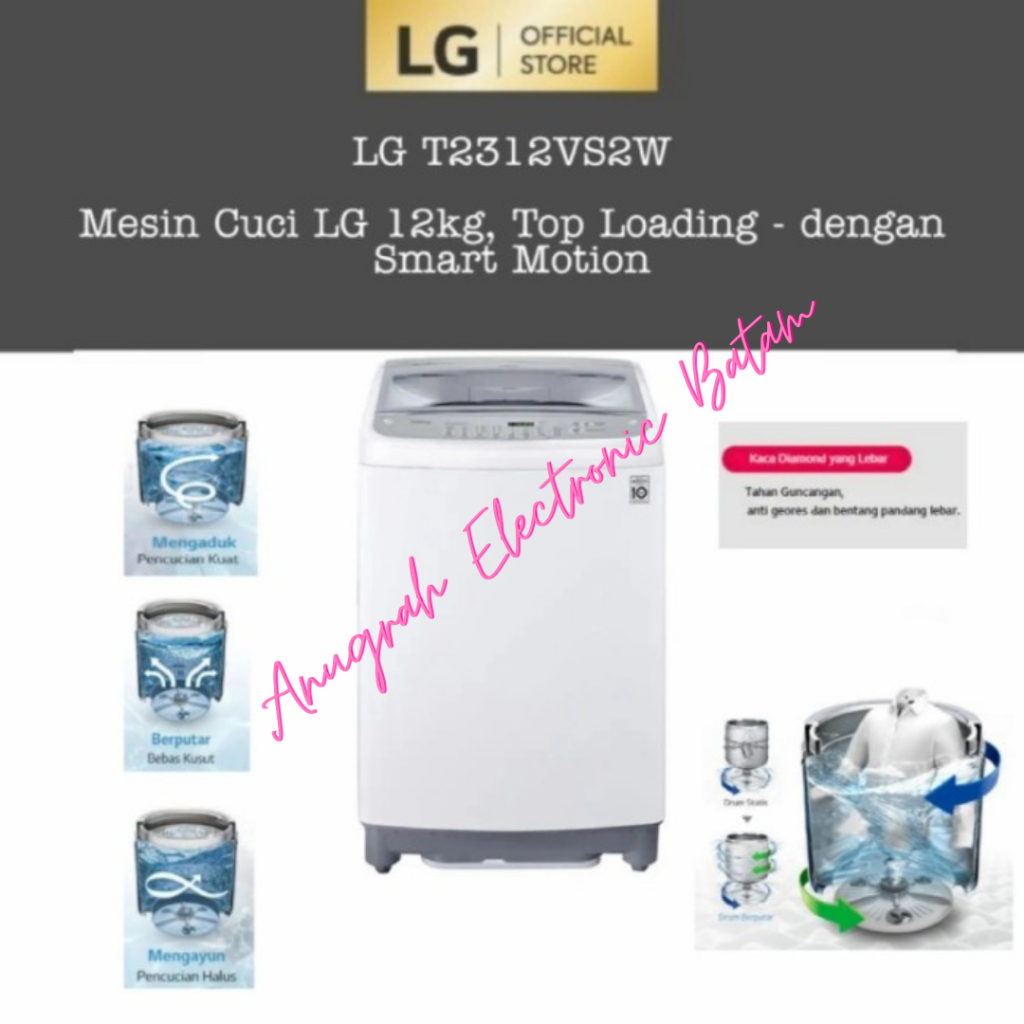 Jual Mesin Cuci LG 1 Tabung 12 Kg T2312VS2W Top Loading Inverter T2312 ...