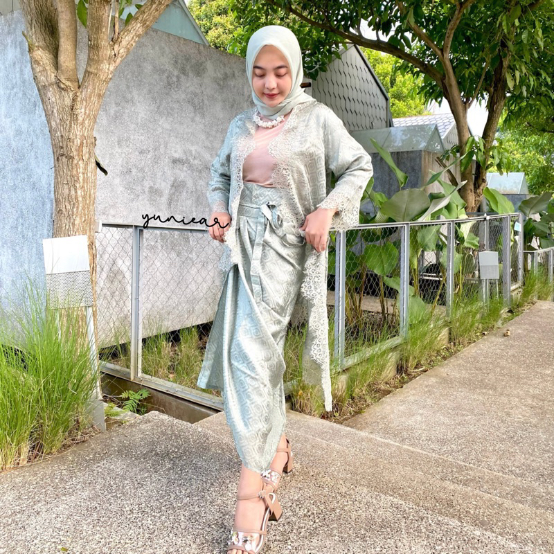 Jual Set in sage green | one set batik viscose | outer lace brukat