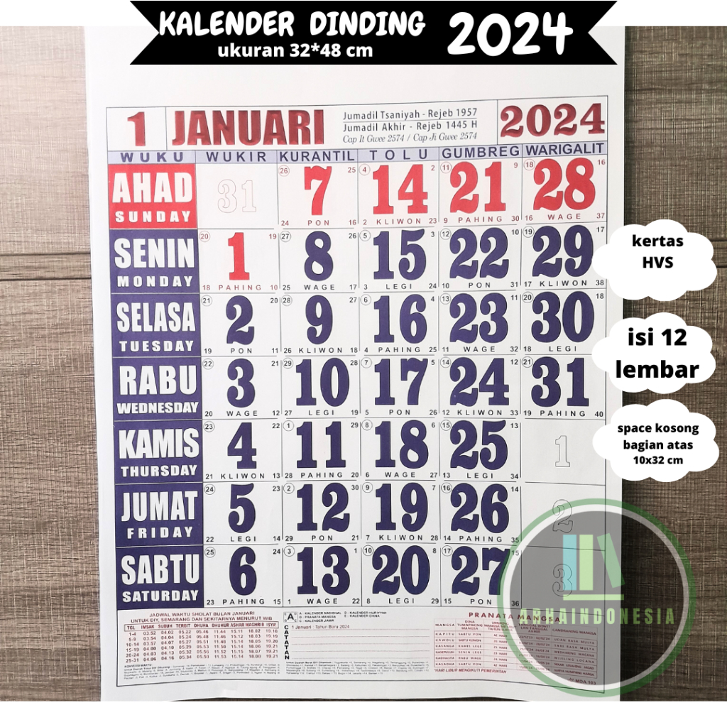 Jual KALENDER 2024 Kalender Dinding 1 bulanan isi 12 lembar HVS ukuran