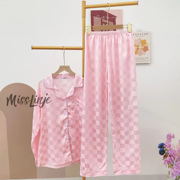 Baju Tidur Piyama Satin Kotak Setelan Lengan Panjang Celana Panjang Wanita Busui Full Kancing