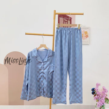 Baju Tidur Piyama Satin Kotak Setelan Lengan Panjang Celana Panjang Wanita Busui Full Kancing