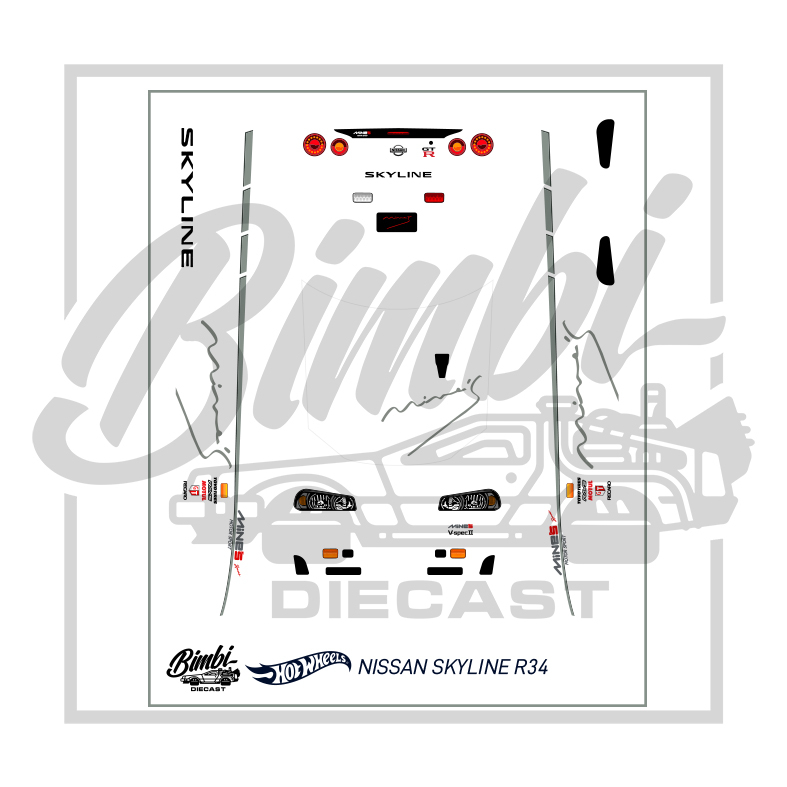Decalcomanie Ad Acqua Per Hot Wheels Nissan Skyline R34, Scala 1:64, Personalizzate, 10 Pezzi