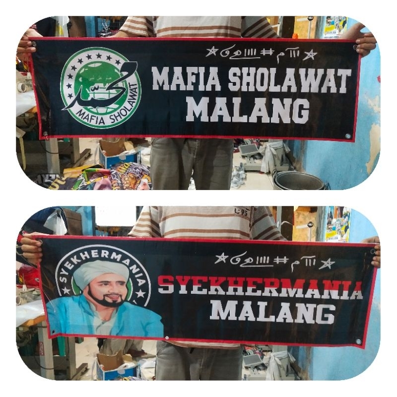 Jual BANNER SYEKHERMANIA MURAH FREE STICKER, BISA CUSTOM DESAIN SENDIRI