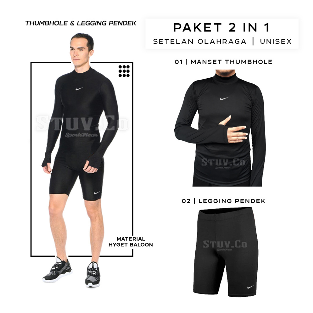 PAKET 2IN1 OLAHRAGA MANSET TANGAN PANJANG JARI DAN CELANA BASELAYER PENDEK