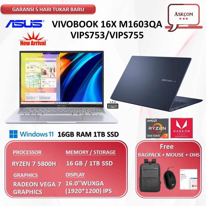 Jual Laptop Asus Vivobook 16x M1603qa Vips753 Ryzen 7 5800h 16gb Ram 1tb Ssd Vega 7 160wuxga 6191