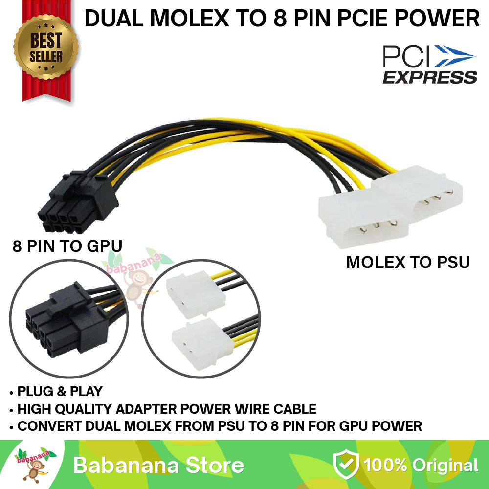 Jual Dual Molex 4 Pin Female to 8 Pin Male VGA power Kabel Konverter