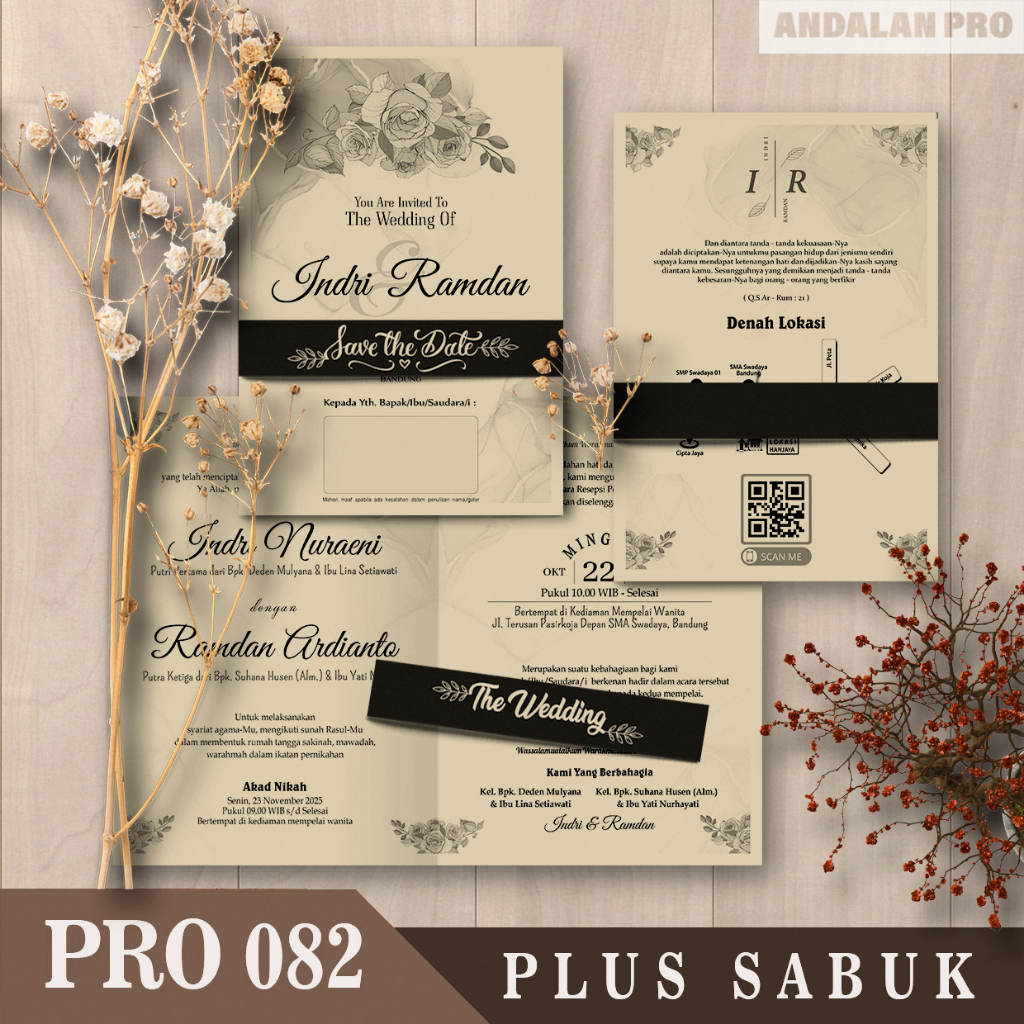 Jual Pro Grayscale Hitam Putih Cetak Undangan Pernikahan Plus Sabuk Kertas Jasmine Bc