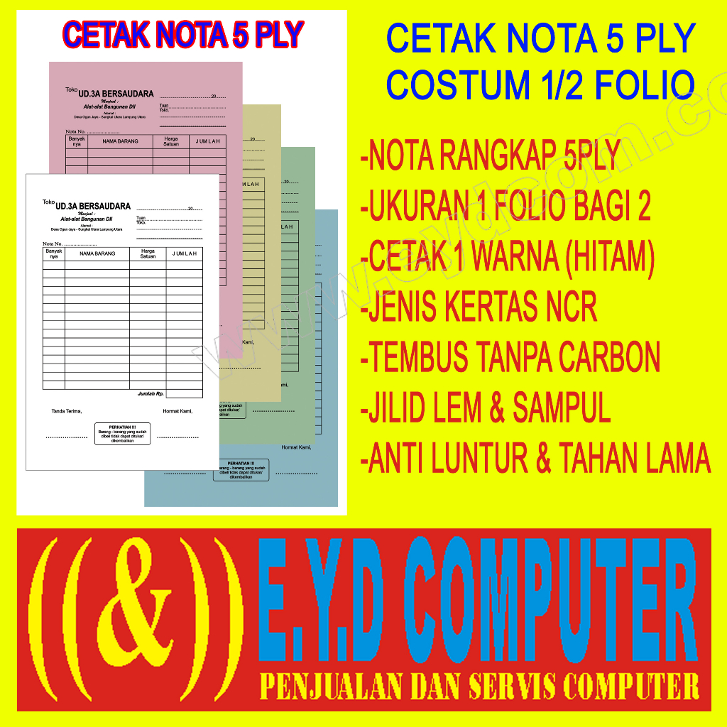 Jual CETAK NOTA 5 PLY 1 FOLIO BAGI 2 KERTAS NCR COSTUM ISI RANGKAP CEK ...