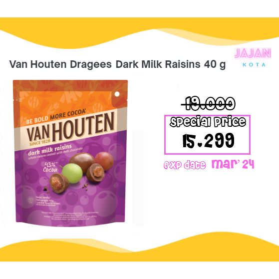 Jual Van Houten Dragees Dark Milk Raisins 40 Gram Shopee Indonesia 6068