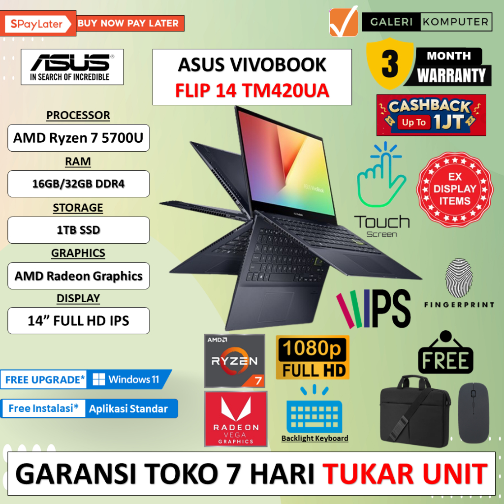 Jual Laptop Asus Vivobook Flip 14 Amd Ryzen 7 5700u 16gb 1tb Ssd Touch Fhd Ips Windows 11 Home