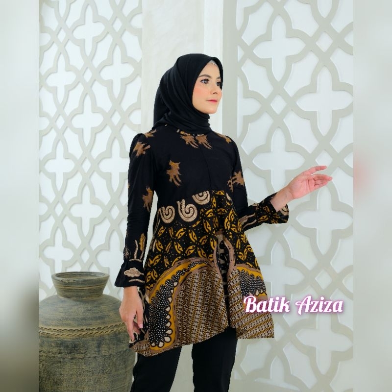 Jual Atasan Batik Modern Wanita Model Peplum Lengan Puffy Tunik Mahesa By Batik Aziza Shopee