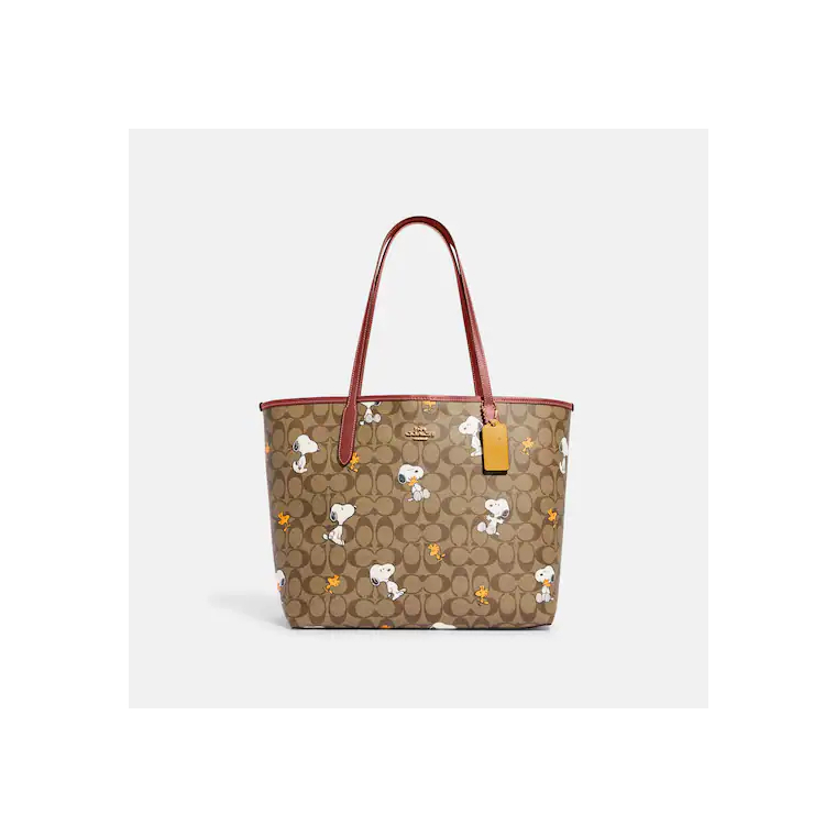 Coach X Peanuts City Tote In Signature fashion Canvas With Snoopy Woodstock Print