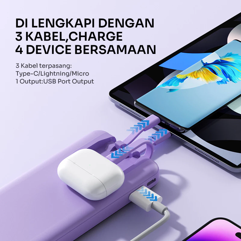 Powerbank ROBOT 10000mAH RP-101L 2.1A 3 Kabel Built-in Type C Lightning Micro Original