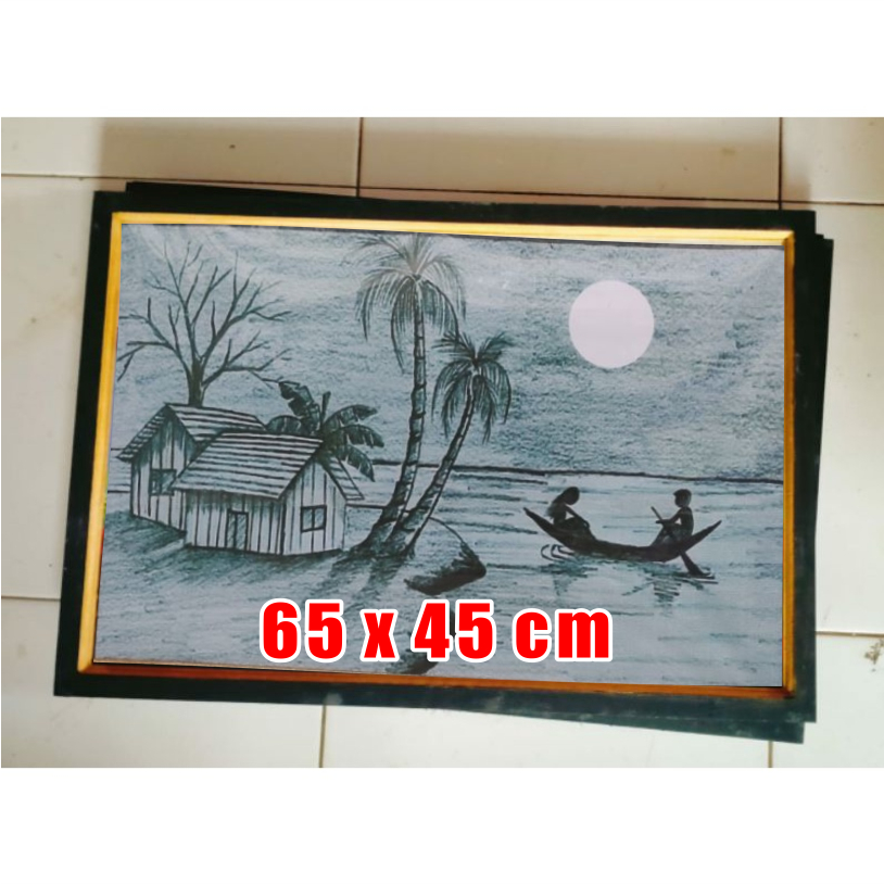 Jual [99] Lukisan Cetak Pemandangan Rumah Tepi Sungai Arsir Hitam Putih
