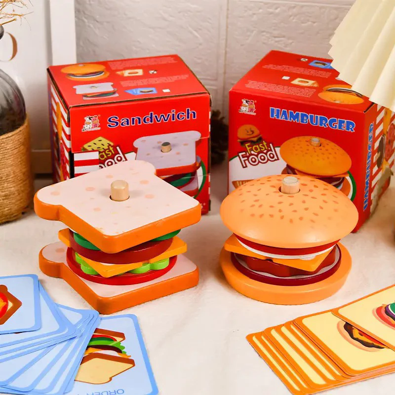 Stacking fast food sandwich hamburger wooden toy mainan edukasi kayu masak masakan