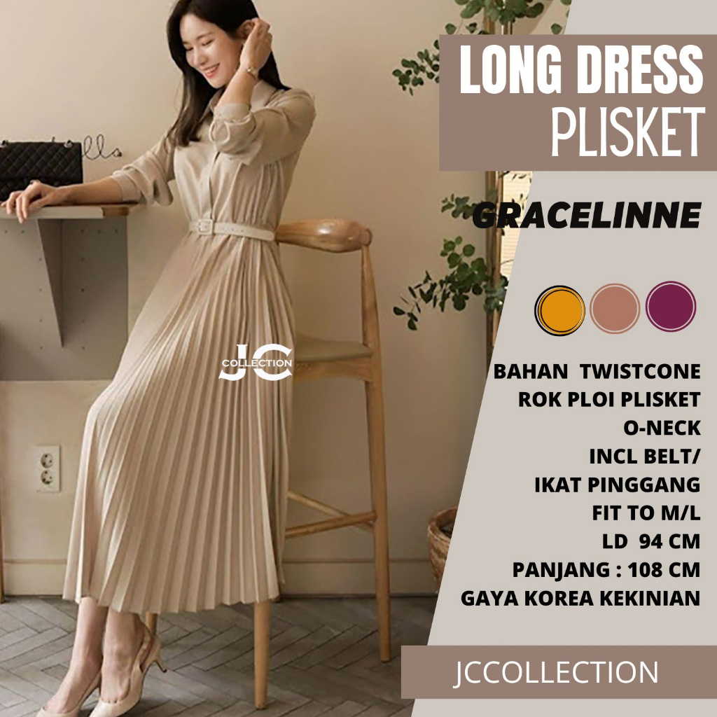 Jual Maxi Dress Korea Style Plisket Terusan Long Dres Lengan Panjang