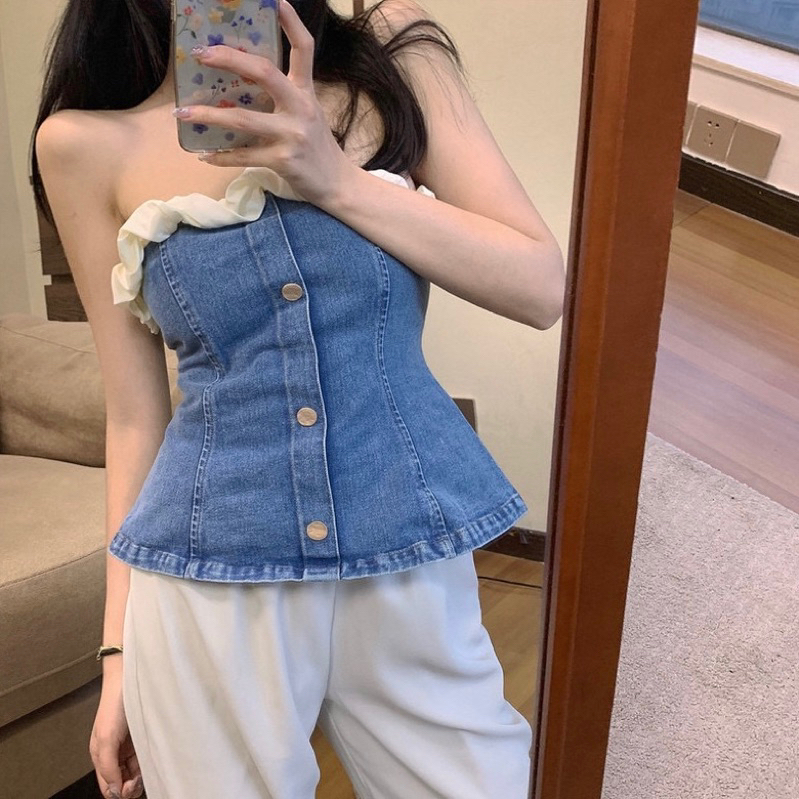 Jual Glamonaa Keysha Blue Denim Button Tube Top | Shopee Indonesia