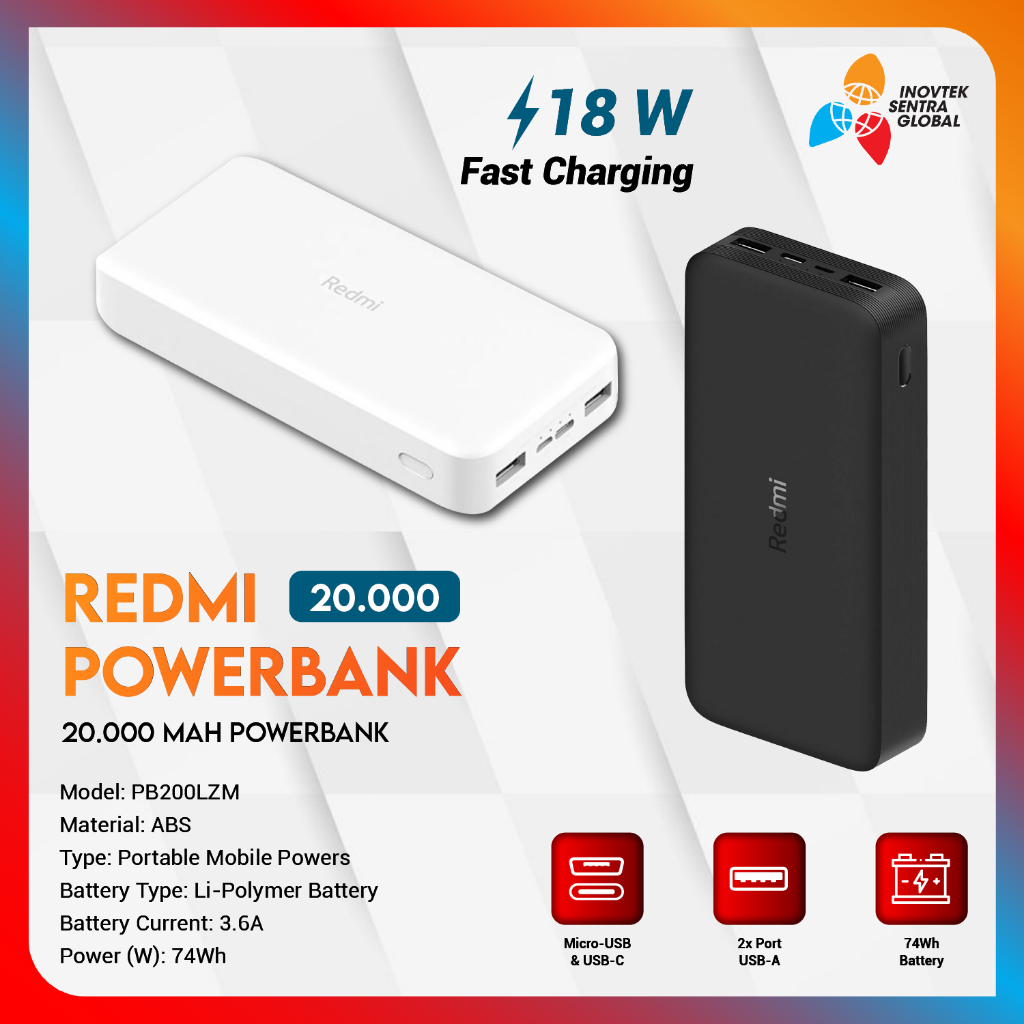 Xiaomi Mi Redmi Power Bank 20000mAh 18W Fast Charge Garansi Resmi