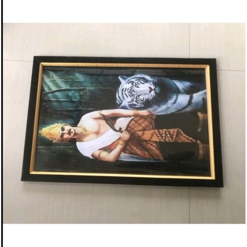 Jual Cetak gambar lukisan prabu Siliwangi dan macan putih plus bingke