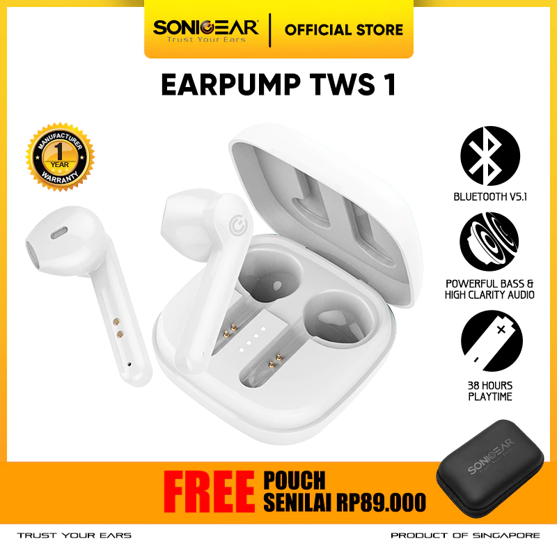 SonicGear TWS 1 Wireless Bluetooth Earphone with Portable Charging Case - Garansi Resim 1 Tahun
