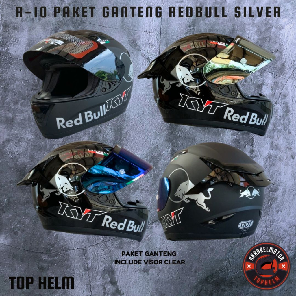 Jual HELM KYT R10 SOLID BLACK REDBULL SILVER PAKET GANTENG HELM FULL