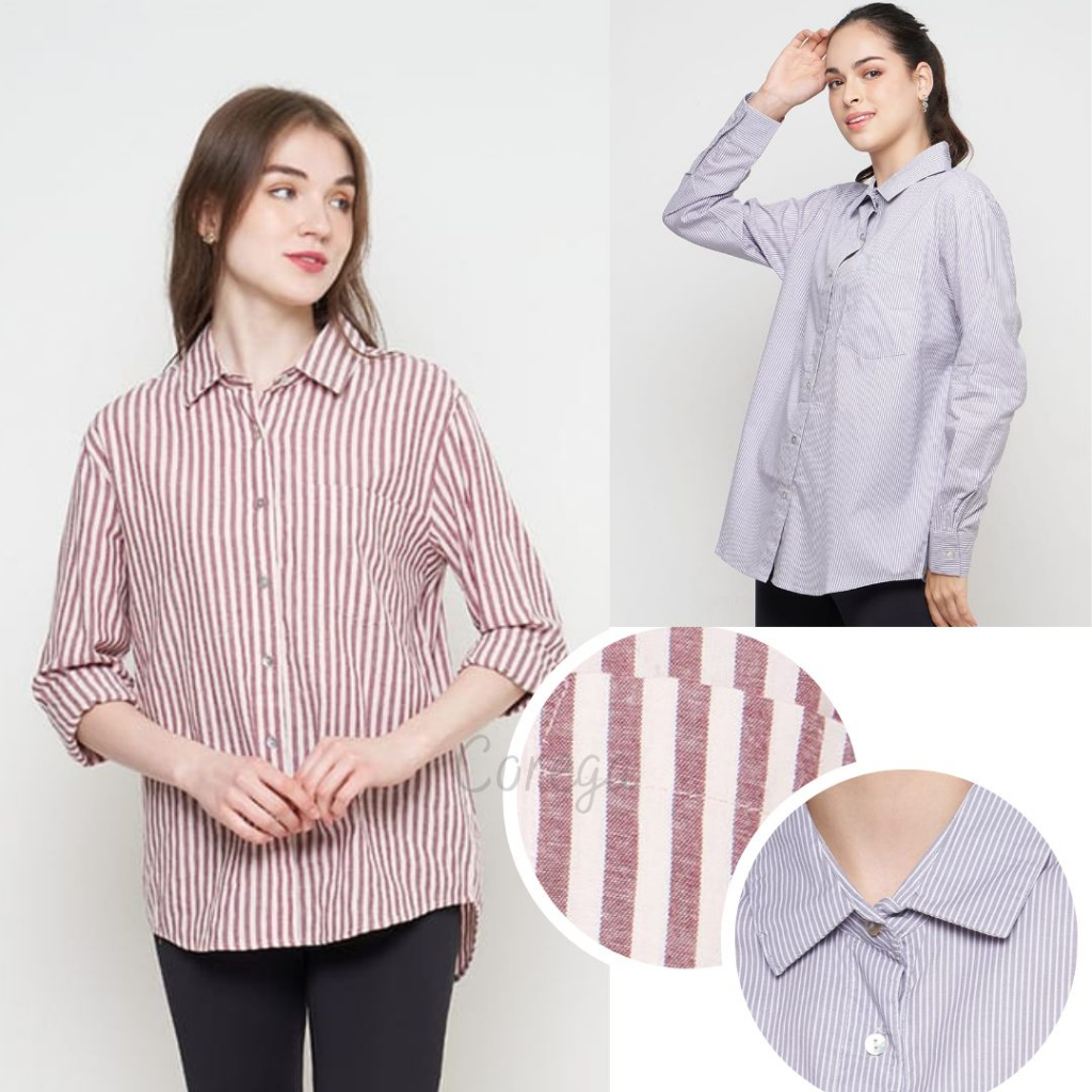 Jual Kemeja Shirt Women Stripe Long Sleeve Kemeja Wanita Oversize Zrd Shopee Indonesia