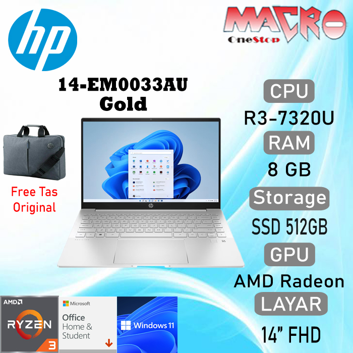 Jual HP 14-EM0033AU GOLD ( AMD Ryzen 3 - 7320/8GB/512GB SSD/Backlit KB ...