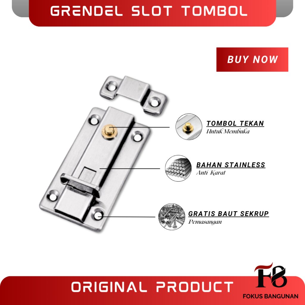 Jual Grendel Slot Pintu Tombol Otomatis Tipis Stainless Grendel Slot Pintu Lemari Tekan