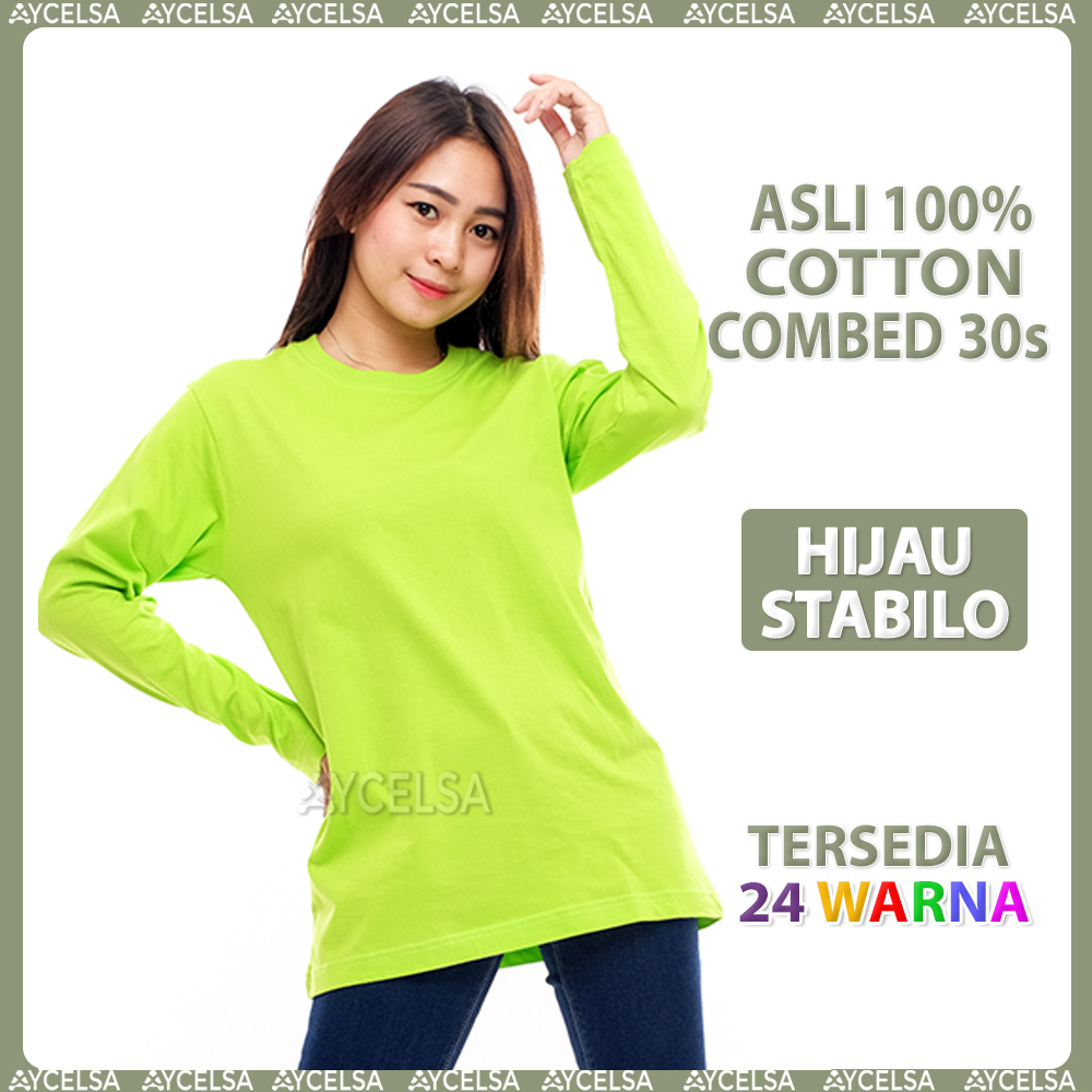 Jual Kaos Polos Wanita Lengan Panjang Hijau Stabilo Atasan Wanita