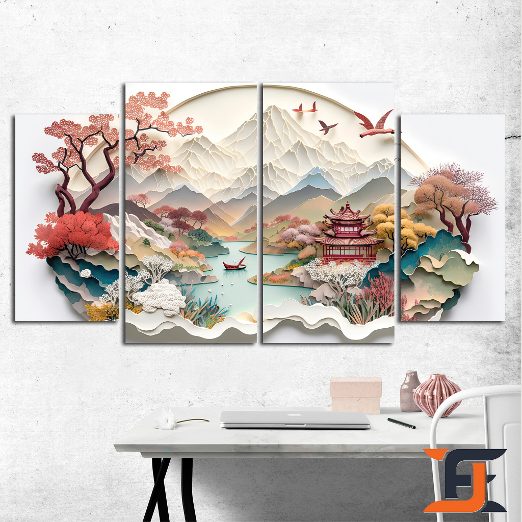 HIASAN DINDING 4 IN 1 SET CHINA TOWN PAPPERART WALLDECOR  ABSTRAK PAINTING PAJANGAN KAYU AESTHETIC