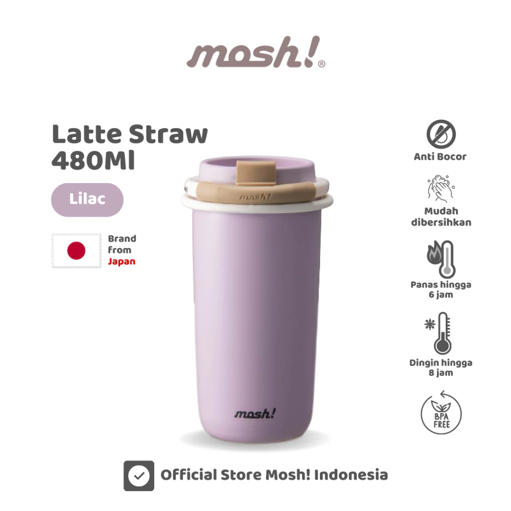 Mosh Latte Straw Tumbler Stainless Steel 480ML - Botol Minum Termos Tahan Panas dan Dingin - Lilac